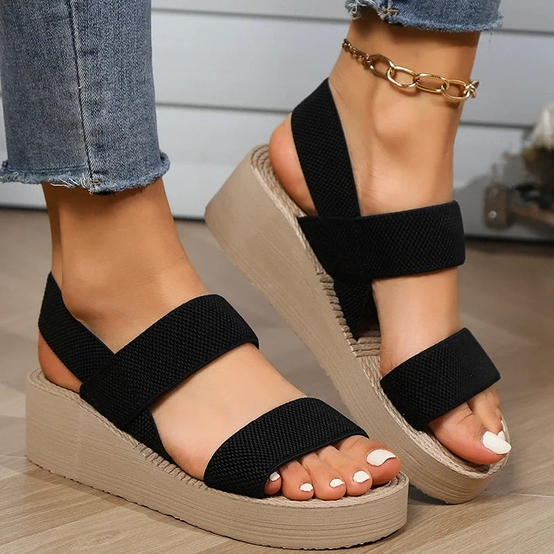 Damen-Sommersandalen, Keilsandalen, lässige Plateau-Sandalen, Knöchelriemen-Sandalen, leichte Damenschuhe in Unifarben