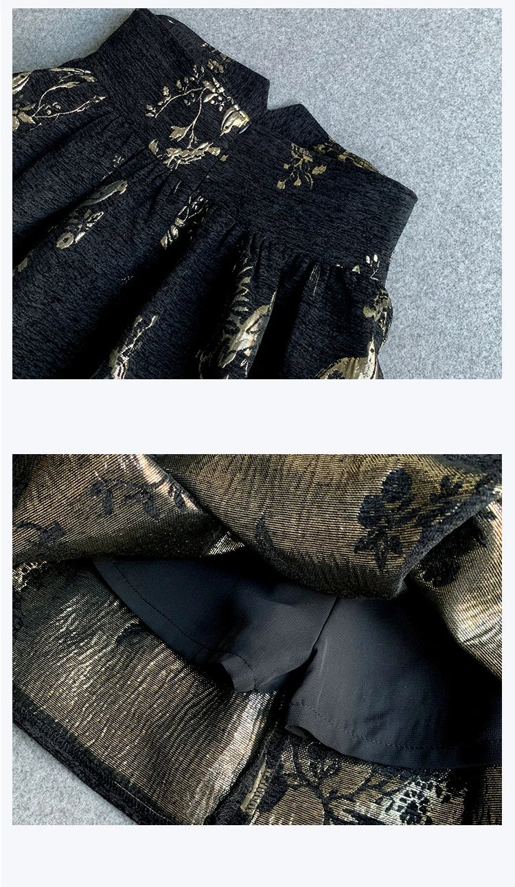 Gonna jacquard oro nero Gonna a trapezio slim fit a vita alta Primavera Estate Nuova gonna corta Gonna da ufficio squisita alla moda