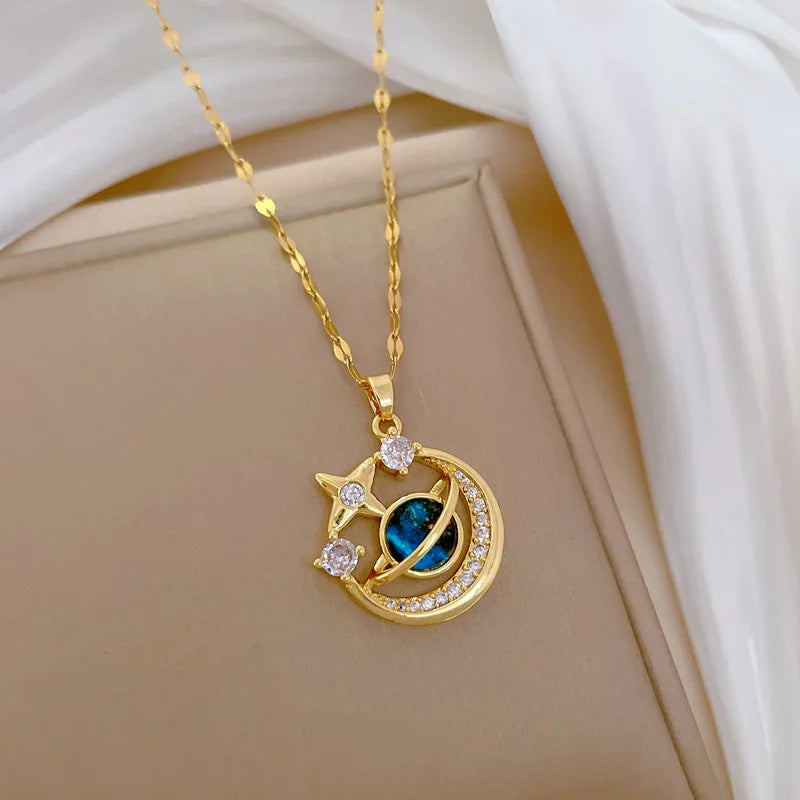Collana di lusso leggera in acciaio al titanio con serie Star per donna, colore oro, pianeta, luna, astronauta, collane con ciondolo, gioielli, regali