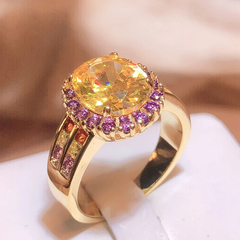 Trendy Citrine Ring for Women Geometry 925 Stamp Fine Jewelry with Oval Gemstones Blue Yellow Pink Zircon Rings Party