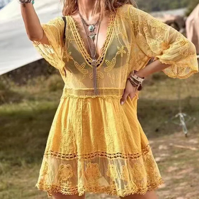 Copricostume da donna in rete con scollo a V profondo, sexy, per l'estate, vestito da spiaggia a maniche corte in pizzo traforato