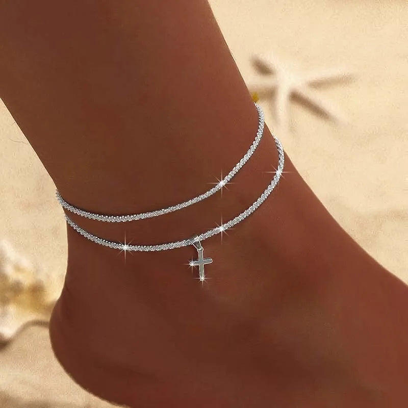 Cavigliera a catena sottile scintillante per donna Bracciale a doppio strato con ciondolo a forma di croce a cuore con zirconi sul piede della gamba Gioielli da spiaggia estivi alla moda
