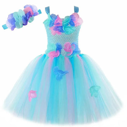 Costumi da fata dei fiori turchese per ragazze Abiti da principessa fata farfalla con ali Bacchetta per bambini Vestito da tutù di carnevale di Halloween