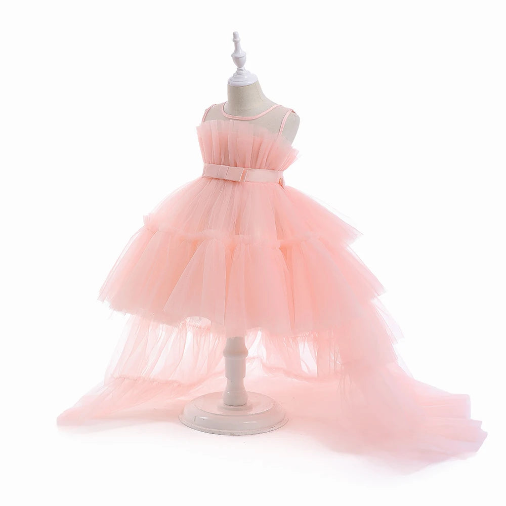 Robes d'été pour bébés filles, demoiselles d'honneur, baptême, tulle, traîne, robe de princesse de mariage, anniversaire, robe de première communion pour filles, avec nœud.