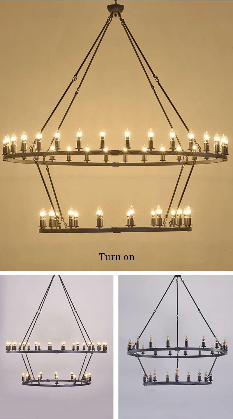 American Wagon Wheel Chandelier light Retro Industrial Candle Large Hanging lamp For Cafe Restaurant Bar Round Ceiling Lamp