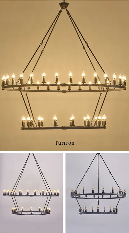 American Wagon Wheel Chandelier light Retro Industrial Candle Large Hanging lamp For Cafe Restaurant Bar Round Ceiling Lamp