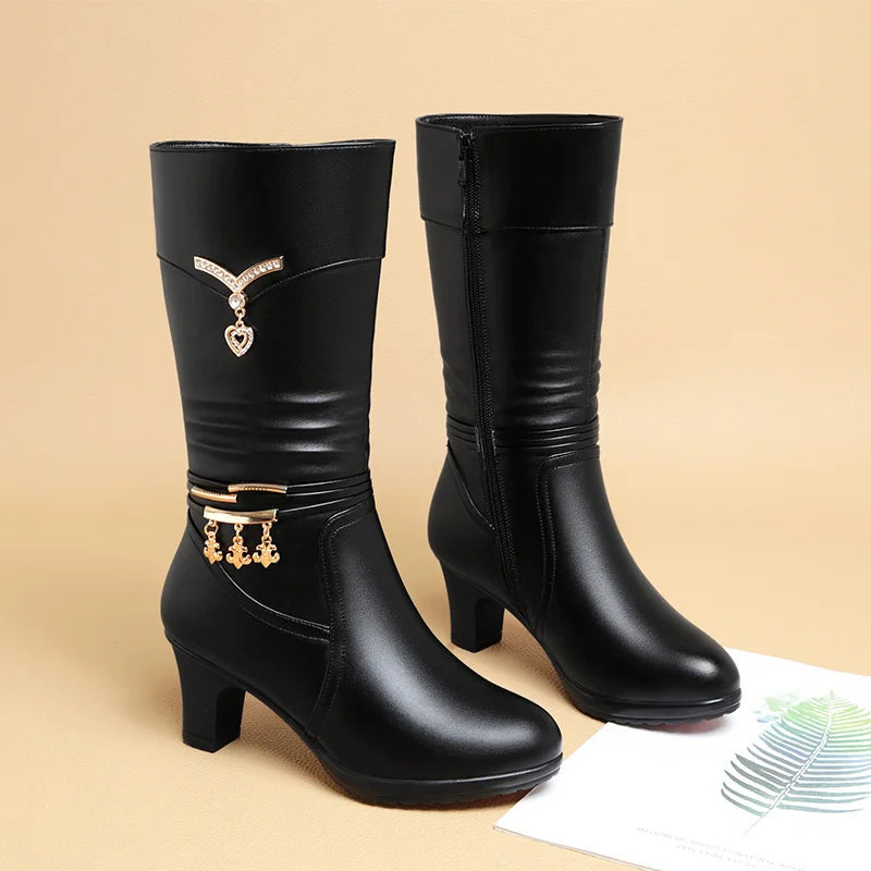 Women Comfortable Fleece Medium Boots Autumn Winter New Style Thick Heel Side Zipper Pointed Fashion High Heels Boots