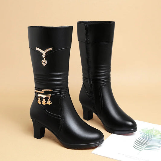 Women Comfortable Fleece Medium Boots Autumn Winter New Style Thick Heel Side Zipper Pointed Fashion High Heels Boots