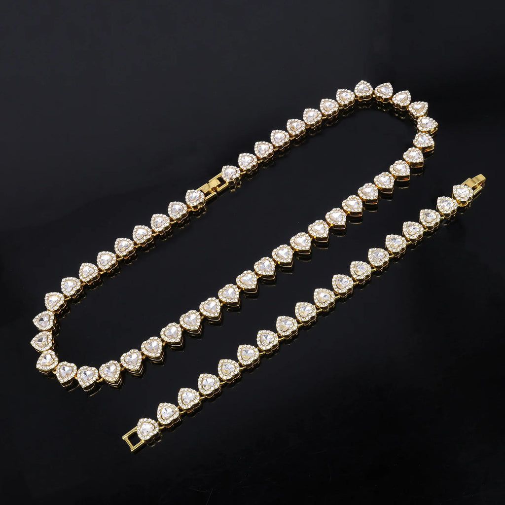 ZAKOL 45CM Nuovo Hip Hop Tennis Bracciale a catena Collana Cuore lucido Strass CZ Fashion Rock Party Set di gioielli