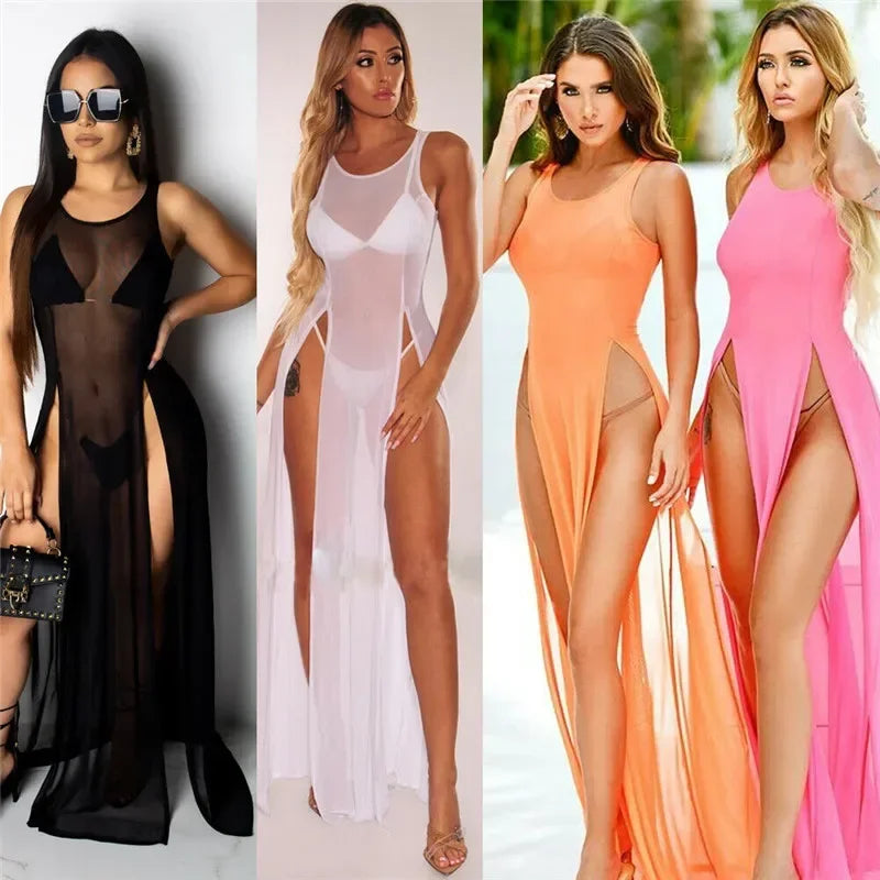 Summer Long Dress Women Sexy Mesh Sheer See Through Bikini Cover Up Beach Sundress Solid Sleeveless Straps High Slit Dress