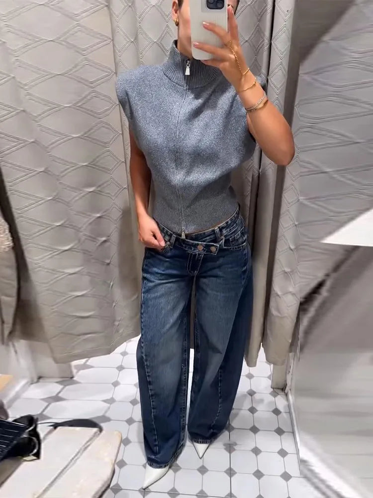 Cardigan in maglia da donna senza maniche con spalline imbottite, collo alto a metà, doppia cerniera, corto, aderente, tinta unita, top di tendenza per la strada