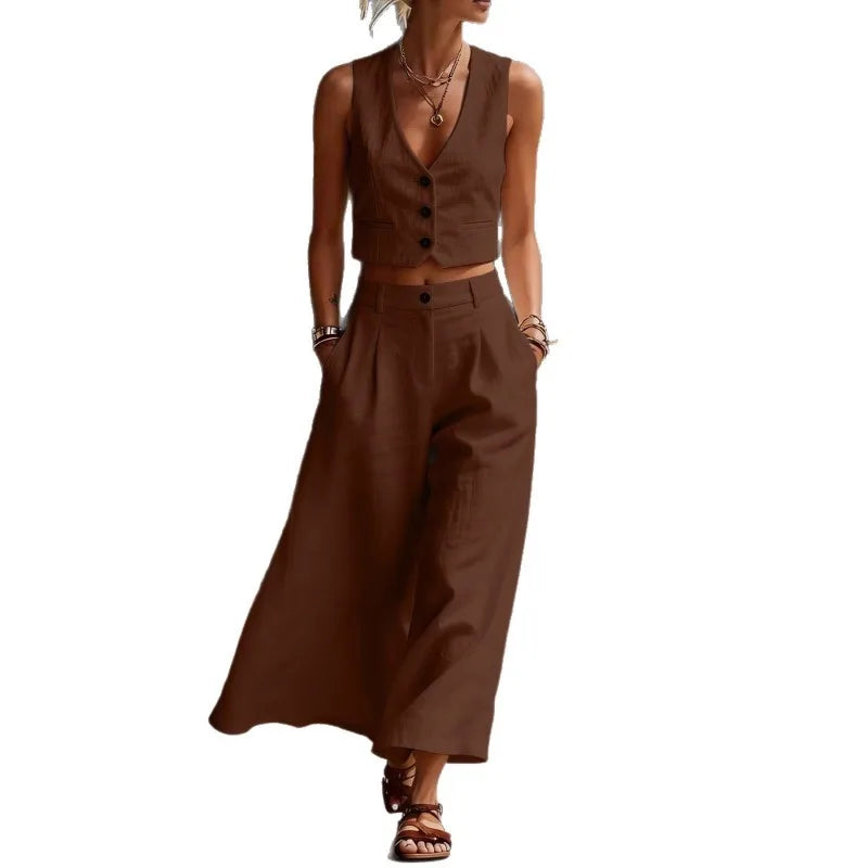 Summer Sexy V-neck Button Vest Top and Wide Leg Pants Outfits Women's Elegant Solid Color Temperament Slim Fit Vacation Suit