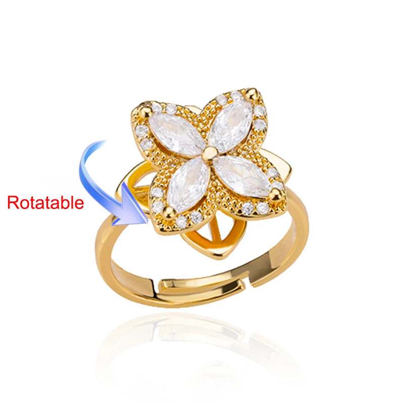 Anelli di ansia rotanti a quattro trifogli per le donne Anello nuziale regolabile in acciaio inossidabile color oro Anelli regalo di gioielli estetici