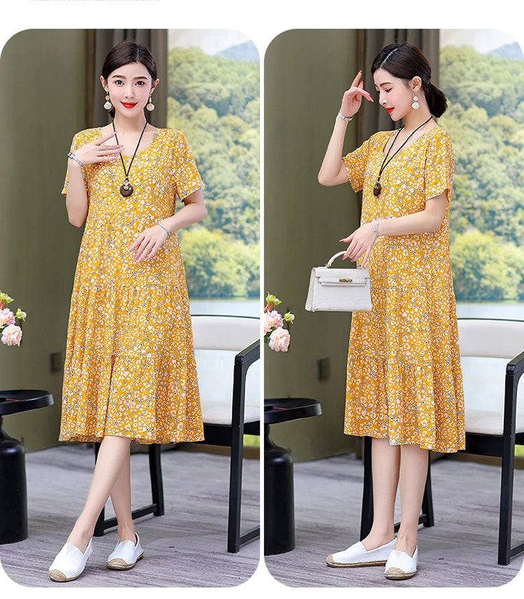 Nuovo Vestito Delle Donne di Estate Vestito Estivo 2024 Casual abito a maniche corte Abiti Femminili O-Collo Robe Abiti della Boemia di Grandi Dimensioni