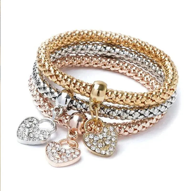 Set da 3 pezzi con lucchetto a forma di cuore, chiave, segno musicale, braccialetto con ciondoli, gufo, placcatura in oro rosa, catena color argento, set di gioielli con bracciale con ciondolo Owm