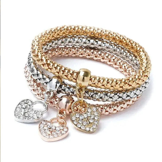 Set da 3 pezzi con lucchetto a forma di cuore, chiave, segno musicale, braccialetto con ciondoli, gufo, placcatura in oro rosa, catena color argento, set di gioielli con bracciale con ciondolo Owm