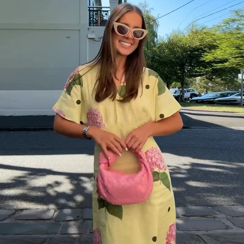 Abito da donna stampato a fiori casual Abito lungo femminile allentato a maniche corte con scollo a V profondo 2025 Primavera Estate Nuova moda Lady Robe