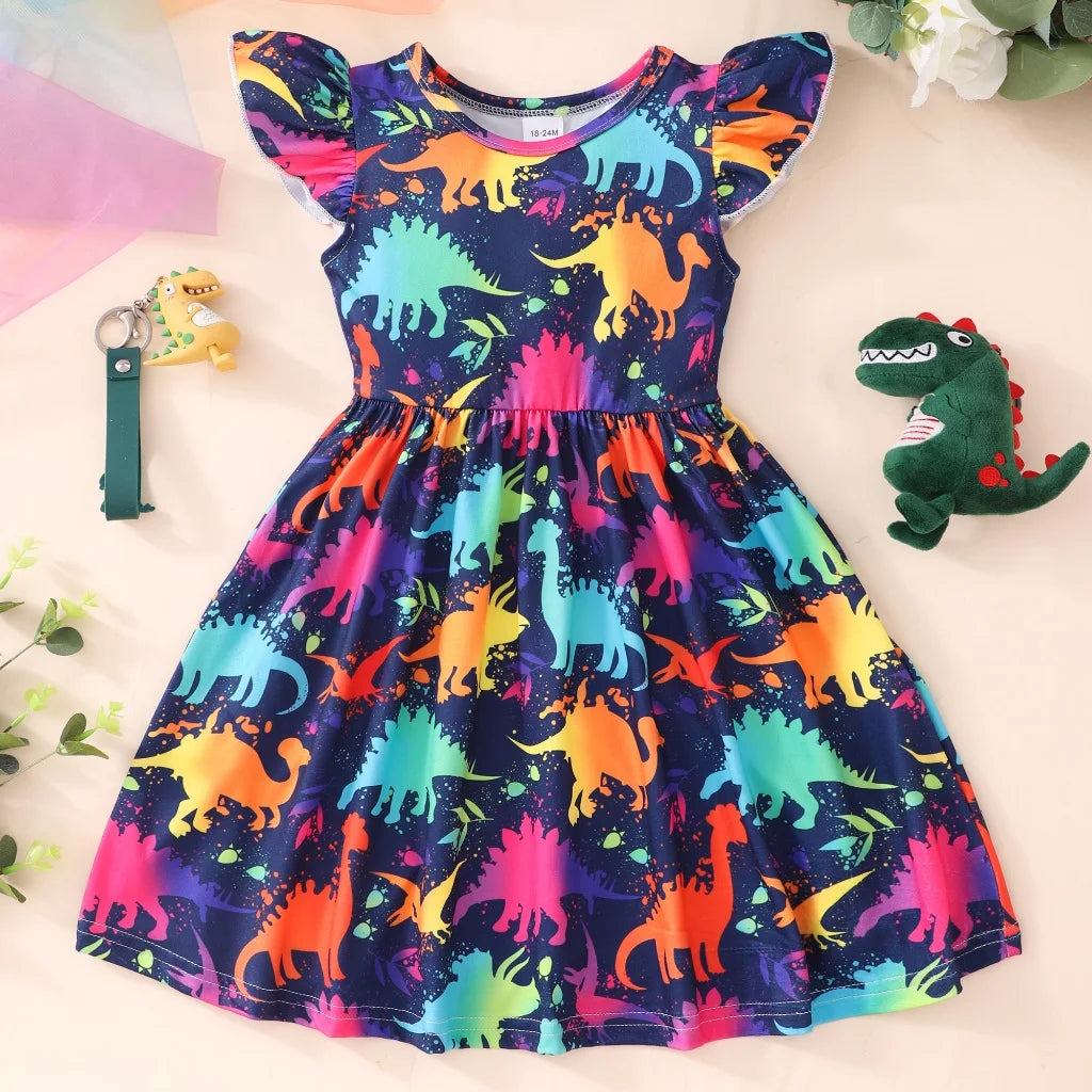 2024 Bambini Vestono Vestiti Della Ragazza Festa di Compleanno Dinosauro Estate Manica Corta Unicorno Neonate Abiti da Principessa 2 3 5 6 7 8 Anni