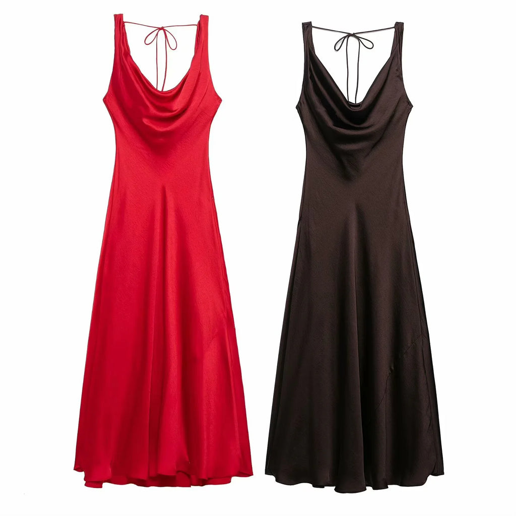 Summer sexy pleated satin chic red women party dress sleeveless beach maxi dress new commuter high street style