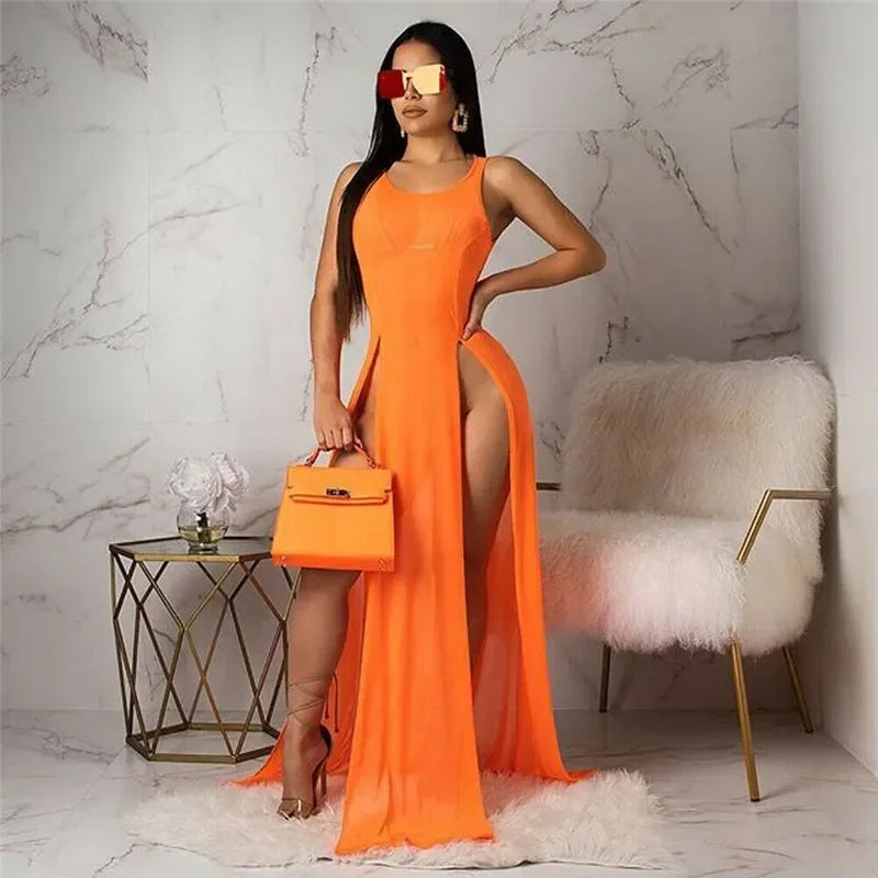 Summer Long Dress Women Sexy Mesh Sheer See Through Bikini Cover Up Beach Sundress Solid Sleeveless Straps High Slit Dress