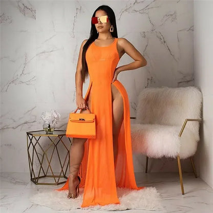 Summer Long Dress Women Sexy Mesh Sheer See Through Bikini Cover Up Beach Sundress Solid Sleeveless Straps High Slit Dress