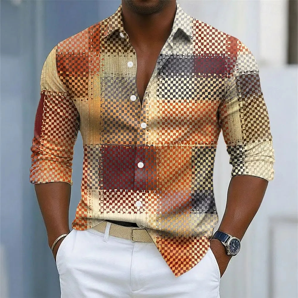Camicia da uomo con motivo scozzese a griglia a blocchi di colore geometrico Camicia con bottoni Camicia a maniche lunghe Moda Casual Autunno Camicie con colletto con stampa 3D