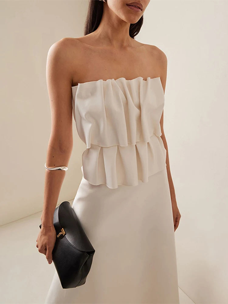 Abito lungo senza spalline con pieghe a strati sexy Abito da donna slim fit con spalle scoperte Abito senza maniche a trapezio Abito da sera estivo femminile
