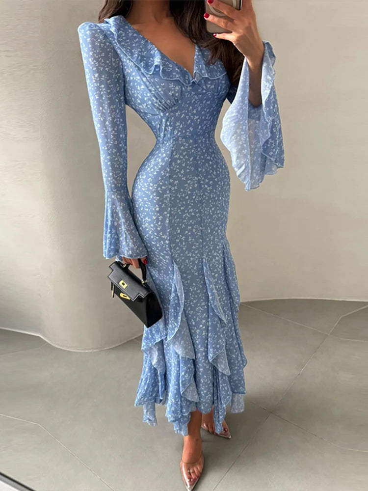 Abito Lungo da Donna con Stampa, Scollo a V, Maniche a Campana, Bordo a Foglia di Loto, Vita Alta, Vestito Maxi Aderente, Elegante Abito da Sera per Feste