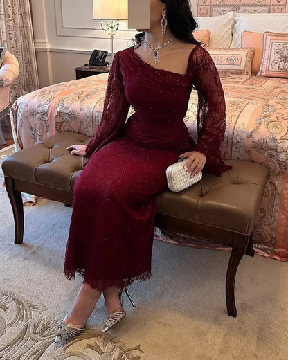 Abito da cerimonia da donna rosso vino tinta unita elegante casual alla moda sottile in pizzo alla caviglia primavera americana europea nuova moda