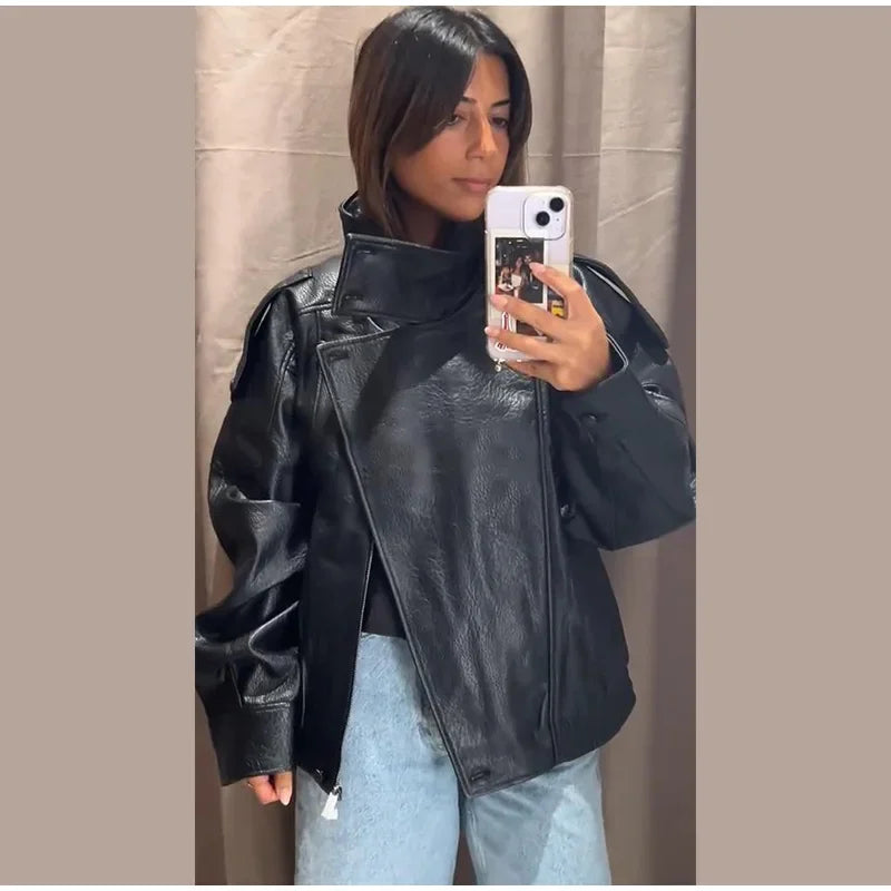 Giacca bomber da donna in camoscio grigio scuro, con colletto alla coreana, maniche lunghe, oversize, asimmetrica, stile street, giacche da donna autunno 2026