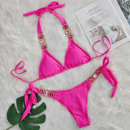 2025 Costume da bagno da donna in 2 pezzi con stringhe di strass e bikini sexy da spiaggia