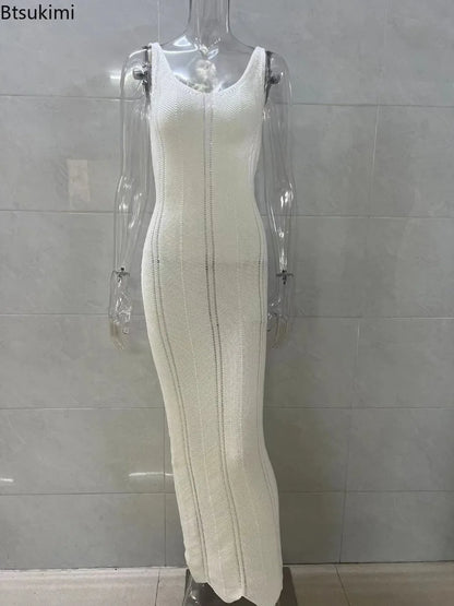 Nouvelle robe longue d'été tricotée pour femme, sexy, évidée, sans manches, ajustée, élégante, dos nu, cache-bikini