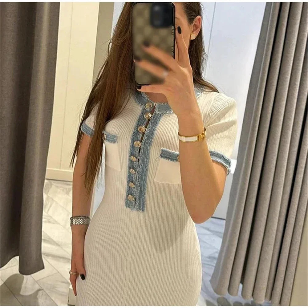 Abito lungo elegante in maglia da donna a contrasto Chic O-collo manica corta Bottoni in metallo Abiti aderenti Abito da pendolarismo da donna da ufficio