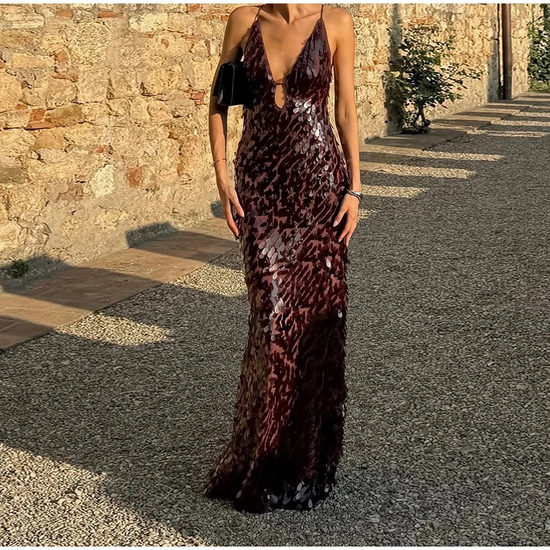 Abito lungo da donna con paillettes Abito lungo con scollo a V Solido Backless Vita alta Abiti senza maniche 2025 Moda Nuova estate Lady Party Robes