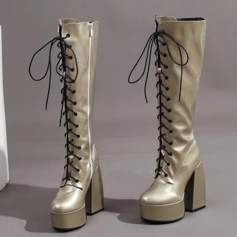 Sexy Lace Up Platform Long Boots Women Thick Gothic Heels High Knee Boot Winter Red Black Green Fetish Party Shoes Large Size 48