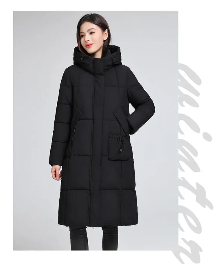 Caldo piumino in cotone da donna Inverno 2025 Nuova versione coreana Cappotto lungo con cappuccio allentato Cappotto Parka spesso antivento femminile