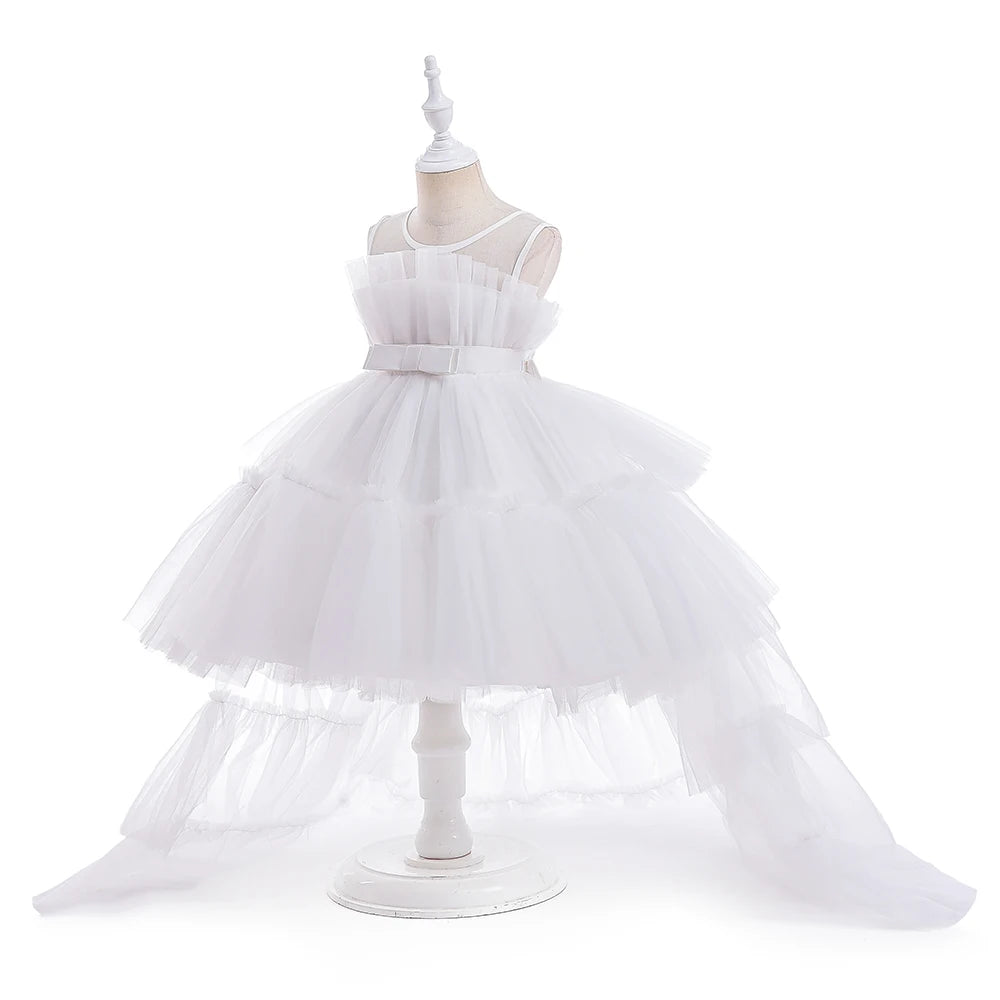 Robes d'été pour bébés filles, demoiselles d'honneur, baptême, tulle, traîne, robe de princesse de mariage, anniversaire, robe de première communion pour filles, avec nœud.