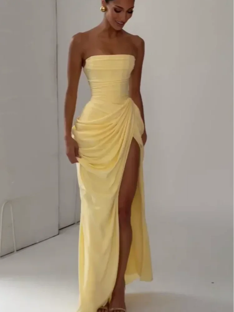 Abito da sera elegante da donna sexy, monocolore, plissettato, senza spalline, scollo a V, spalle scoperte, senza schienale, vita alta, con spacco, 2026