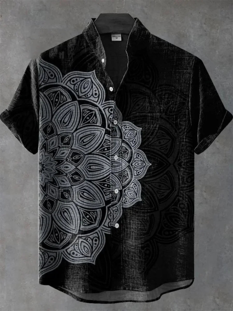 2025 Camicia a maniche corte con motivo floreale mandala da uomo Camicia estiva vintage nuova in lino Manica corta da uomo per il tempo libero Vacanza Streetwea