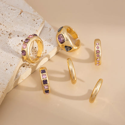 Salircon 6 Pz/set Intarsiato Zircone Viola Anello di Apertura Regolabile Set Donne Anello di Colore Oro Liscio per il Regalo Dei Gioielli Quotidiani Femminili