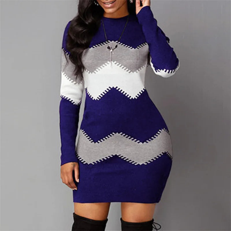 Abito caldo a maniche lunghe patchwork elegante da donna 2022 abito maglione lavorato a maglia a costine autunno inverno mini abiti pullover dolcevita casual