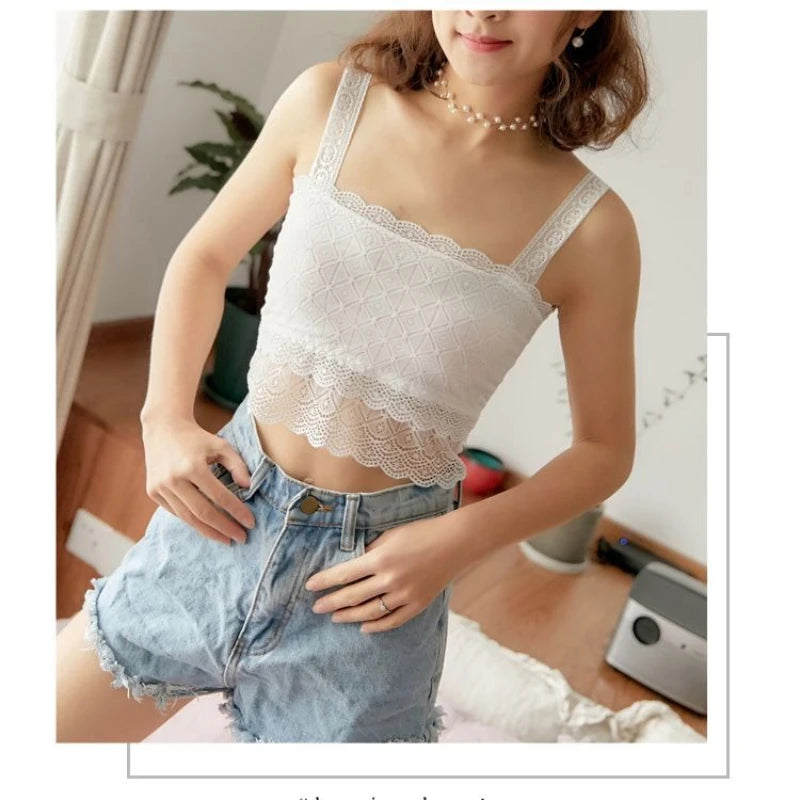 Summer Sexy Lace Camisole Tank Tops Women Beautiful Back Top Lady Seamless Hollow Out Elastic with Chest Pads Woman Clothing
