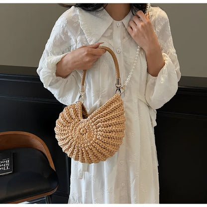 Borse a tracolla da donna all'uncinetto a forma di conchiglia creativa Divertenti catene di perle carine Borsa a tracolla in tessuto fatto a mano Novità piccole borse