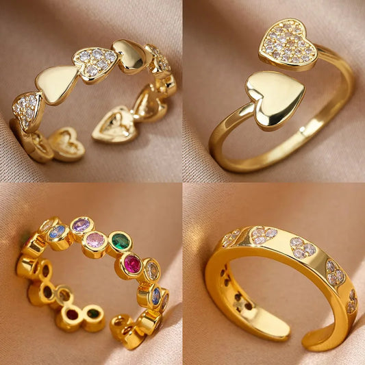 Anelli a forma di cuore geometrico con zirconi per donna Anello nuziale in acciaio inossidabile color oro Gioielli estetici di lusso Regalo per coppia 2025