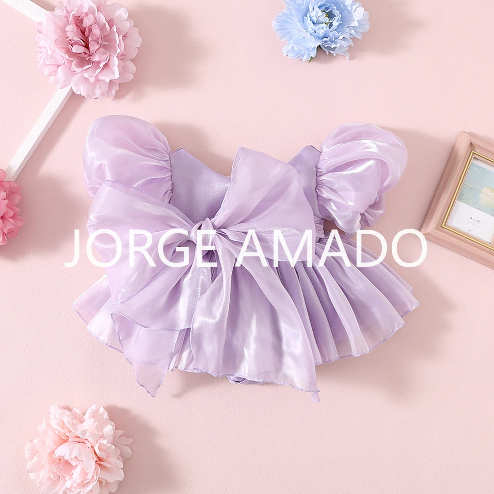 Completi Estivi Coordinati per Gemelle, Body a Maniche Corte con Grande Fiocco, Abiti Principessa con Schiena Scoperta, Abbigliamento per Bambine H0404