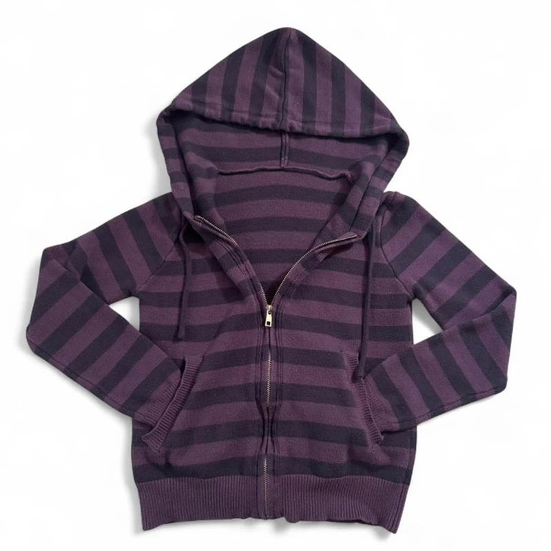 Felpa con cappuccio da donna Harajuku Vintage Y2K Felpa cardigan a righe casual chic slim fit sexy Grunge Punk Hip Hop Streetwear femminile