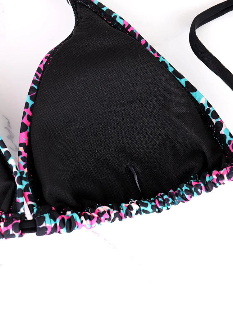 Zweiteiliges Damen-Bikini-Set mit Schlitz, sommerlich, mit Trägern und Schnürung, farbenfroher Tupfen-Print, Damen-Bikini, Strandurlaub-Badeanzug