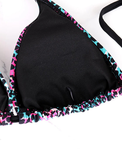 Zweiteiliges Damen-Bikini-Set mit Schlitz, sommerlich, mit Trägern und Schnürung, farbenfroher Tupfen-Print, Damen-Bikini, Strandurlaub-Badeanzug