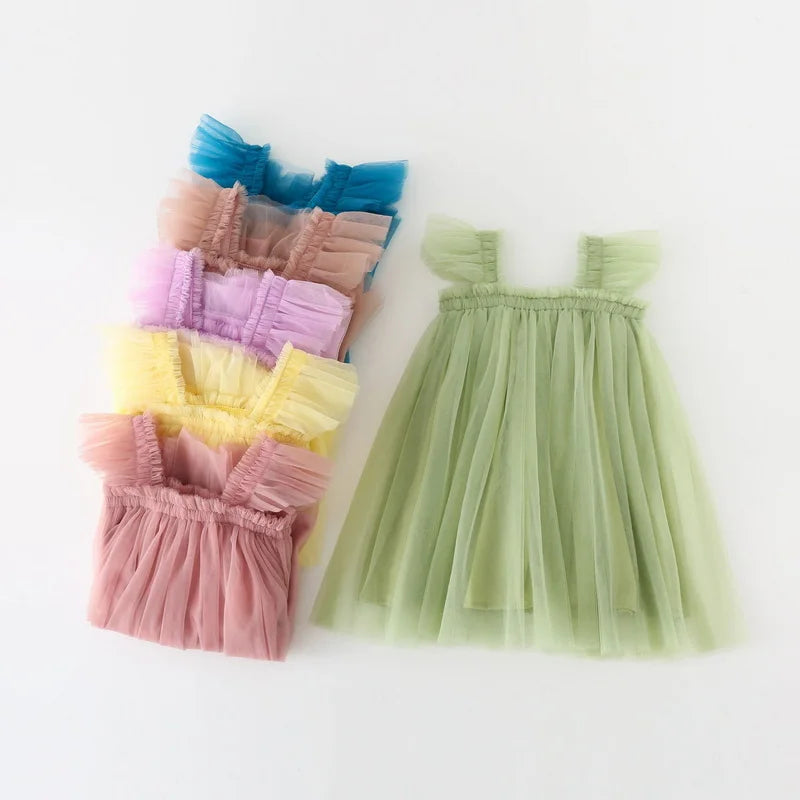 Nuova estate bambini ragazza vestito fionda senza maniche colletto quadrato tinta unita maglia principessa abiti da spiaggia bambino abbigliamento casual E2200