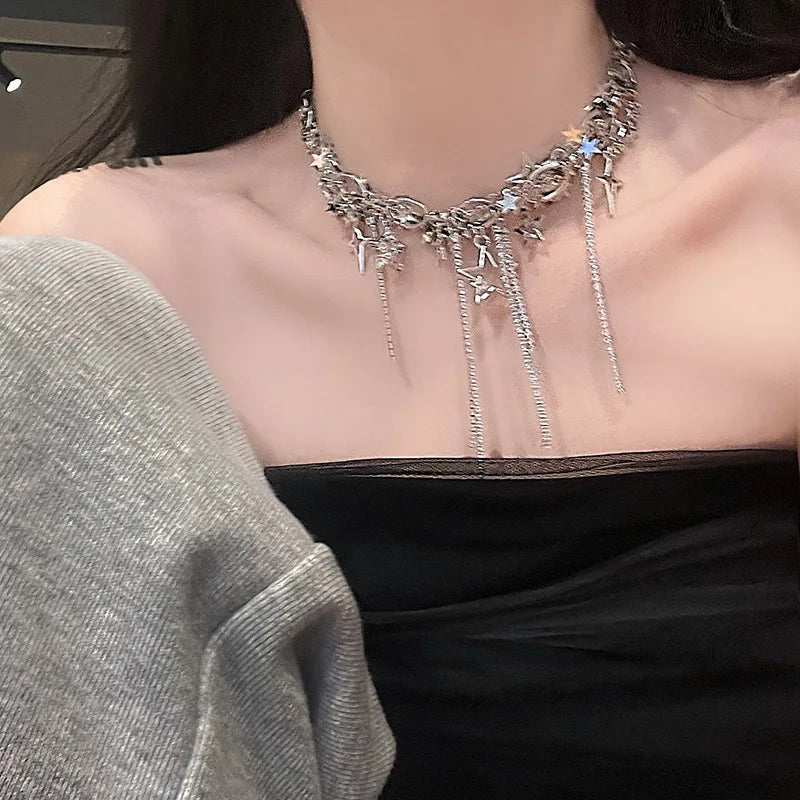 Collana scavata con paillettes a stella per donna Collana girocollo con nappe con strass intarsiati alla moda Accessori stile Y2k regalo